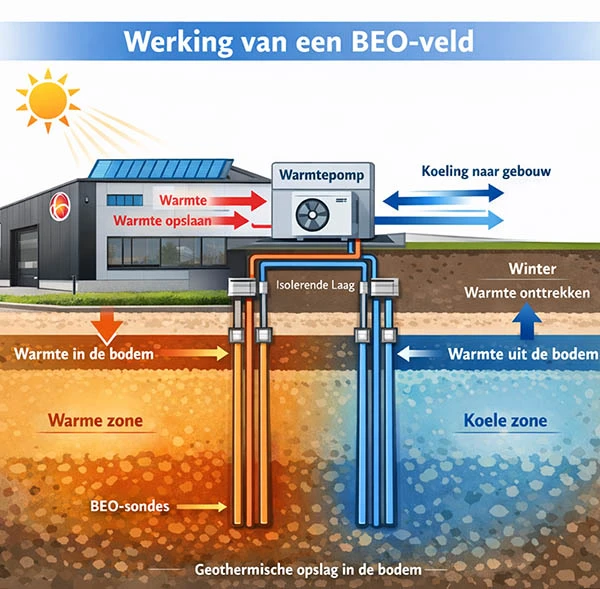 Duurzame verwarming van kantoren en productieruimten. Een schematische voorstelling van een beoveld.