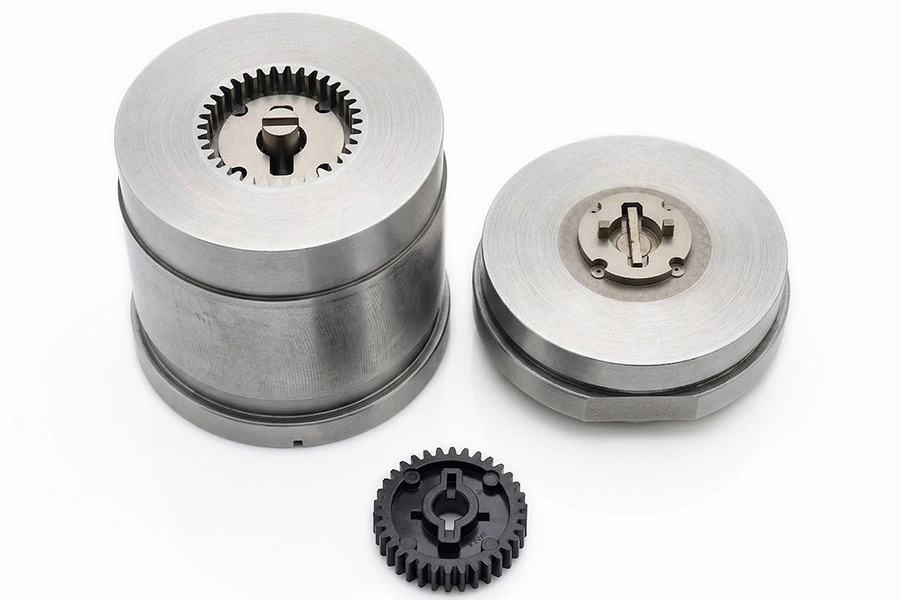 De twee kernen van een flexmould matrijs en het zwarte kunststof tandwieltje dat ermee gemaakt is met het spuitgietproces.