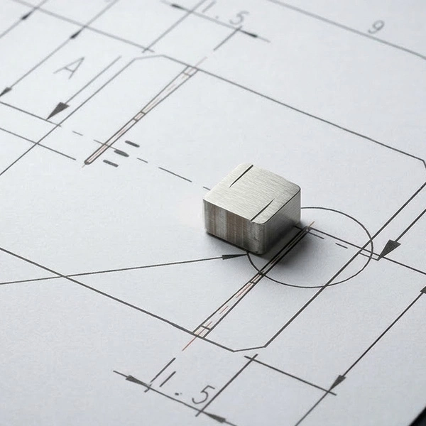 Un petit morceau d’acier très dur, à peine 9 mm de large, repose sur le plan de fabrication. Sur cette photo, on voit clairement la finesse du travail qui peut être réalisée grâce au fraisage HSM.