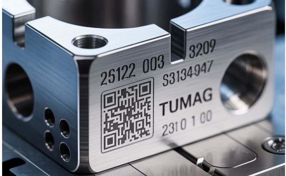 Een precisieonderdeel met lasergravering van QR code en serienummers