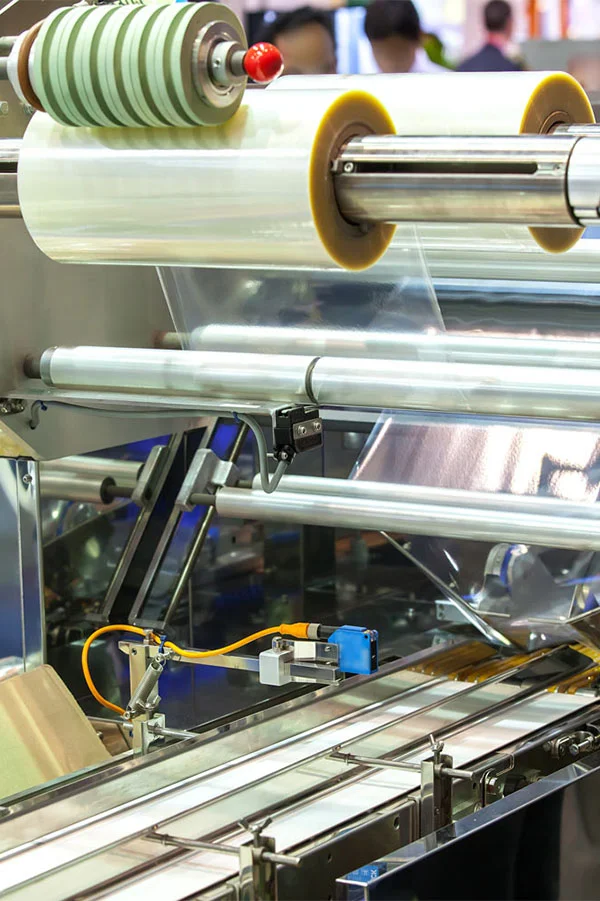 Packaging : rouleaux de film dans une machine d’emballage